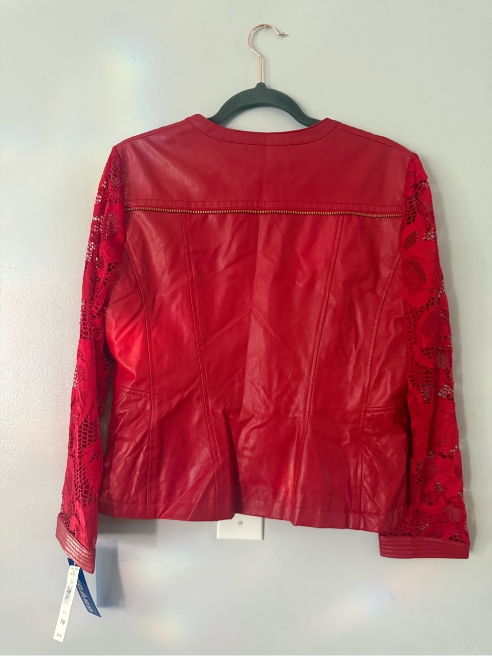 Peter Nygard Red Faux Leather Jacket Floral Lace Sleeve Moto Full Zip PM Edgy - Picture 7 of 10